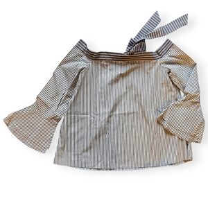 NWT LOFT Off Shoulder Top Shirt Blouse Tie Back Bell Sleeve Stripe Grey White S